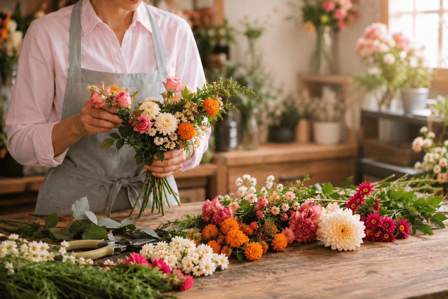 Florist arranging a fresh flower bouquet
